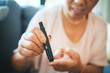 Image showing Pen, hands and person does glucose test, check for diabetes with medicine and prescription healthcare. Health, wellness and medical care with chronic disease, monitor and insulin management at home