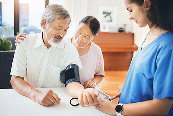 Image showing Blood pressure, nurse and senior couple in living room with equipment for hypertension. Sick, doctor and caregiver with medical tool for male patient in retirement in lounge of home for consultation.