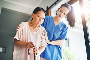 Image showing Walking stick, senior woman and nurse for home support, helping and kindness with retirement or nursing service. Medical student, doctor or caregiver and elderly patient with disability in healthcare