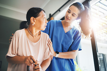 Image showing Walking stick, senior woman and doctor for home support, helping and kindness with retirement or nursing service. Medical student, nurse or caregiver and elderly patient with disability in healthcare
