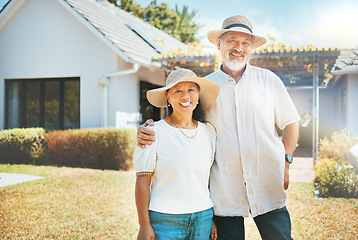 Image showing Senior couple, hug and portrait in garden with smile, summer sunshine and bonding in retirement. Happy elderly man, old woman and outdoor with embrace, love and care in backyard to relax in Jakarta