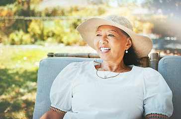 Image showing Senior woman, outdoor and alone to relax, leisure and patio to enjoy retirement, morning sunrise or fresh air. Happiness, elderly and retired with smile, face and freedom for free time, calm or joy