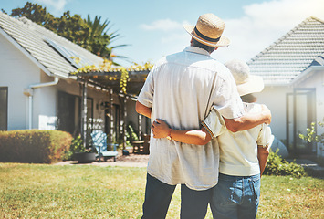 Image showing Back view, couple and hug outdoor at new home, real estate or house investment. Man, woman and embrace at front of property for moving together in building, dream neighborhood and mortgage at garden