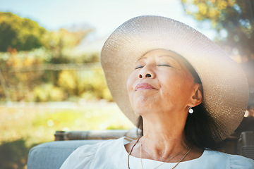 Image showing Face, relax and a senior woman in the garden of her home during summer to enjoy retirement. Nature, peace and quiet with an elderly person in the backyard for freedom or wellness in the countryside