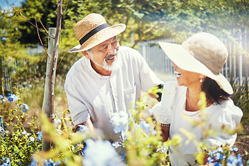 Image showing Couple, gardening and happy in nature for retirement, love and bonding with smile. Senior people, quality time and care in marriage, garden and hat for protection from sun, hobby in spring in outdoor