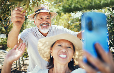 Image showing Senior couple, video call and outdoor in garden, wave hello and smile in sunshine, trees and talking on web. Mature woman, elderly man and contact with webinar, live streaming or vlogging in backyard