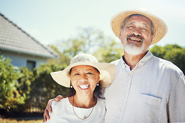 Image showing Happy, senior couple and portrait on farm, outdoor and home in countryside with happiness in countryside. Old people, farming and hug with smile for retirement, nature or freedom in environment