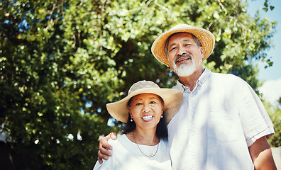 Image showing Happy, senior couple and portrait on farm, outdoor and home in countryside with happiness in countryside. Old people, farming and hug with smile for retirement, nature or freedom in environment