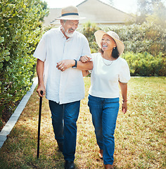 Image showing Walking, laugh and senior Asian couple in garden for bonding, healthy relationship and love. Retirement, marriage and man and woman happy at joke outdoors for fresh air, wellness and relax in nature