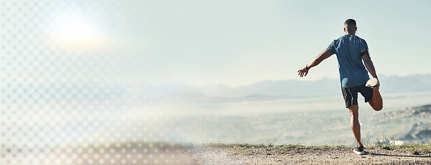 Image showing Man, stretching and exercise outdoor on banner or mountain for fitness workout in nature. Back of of male person, runner or athlete in body stretch, warm up or sports health and wellness with mockup