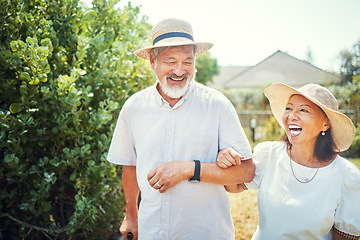 Image showing Walking, happy and senior Asian couple in garden for bonding, healthy relationship and love. Retirement, marriage and man and woman laugh at joke outdoors for fresh air, wellness and relax in nature