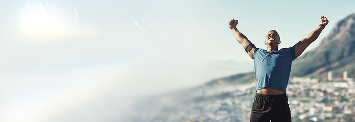 Image showing Happy man, fitness and banner in success on mountain or mockup for workout or outdoor exercise Male person or athlete smile for achievement, winning or sports energy on fist pump for celebration