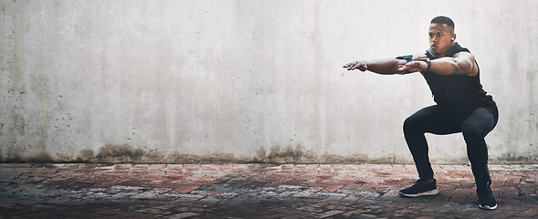 Image showing Man, fitness and squat on mockup for banner, workout or outdoor exercise in sports motivation. Wall, active male person or athlete in body warm up, stretching or training for health and wellness