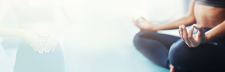 Image showing Banner, yoga and meditation, woman in lotus pose with mockup for health and wellness in home. Peace, zen mindset and calm girl on floor with commitment, double exposure and space for mindfulness.