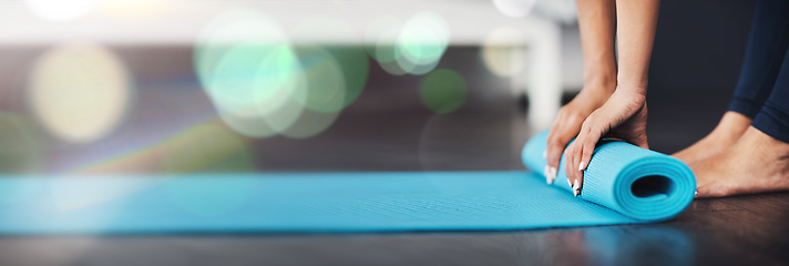 Image showing Woman, hands and mat on banner for yoga, fitness or preparation in pilates, zen or exercise on mockup. Closeup of female person or yogi on floor getting ready for wellness, gym or body health