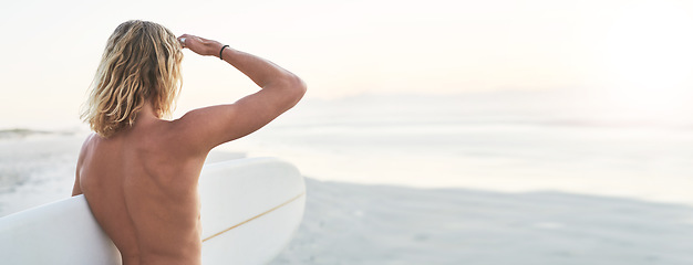 Image showing Water, sports and back of man surfer at the beach for fitness, training or adventure, freedom or ocean challenge. Exercise, surfboard and rear view of male surfer at sea in Miami for morning workout