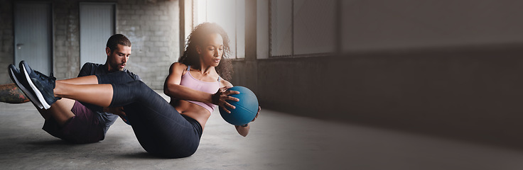 Image showing Gym, banner and couple exercise with ball, weight or training cardio fitness together. Mockup, space and people workout body with weightlifting, sit up or lifting legs for wellness, goals or pilates