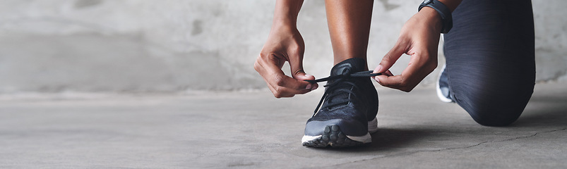 Image showing Fitness, person and tie shoes on banner for athletic, sport or cardio outdoor for workout or exercise. Training, athlete and getting ready for wellness, healthy body or lifestyle on mockup space