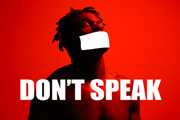 Image showing Speech censored, black man and tape on mouth in studio isolated on a red background. Cover, silence and person forbidden in communication or sealed, human rights and words for confidential secret