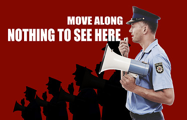 Image showing Man, communication and police officer with megaphone, safety and announcement with red background. Profile, person and bullhorn, crowd control and speech with justice, legal law and illustration
