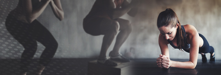 Image showing Fitness, planking and mockup and woman in gym for workout, commitment and body training on banner. Info space, exercise club and girl on floor for power challenge, motivation and double exposure.