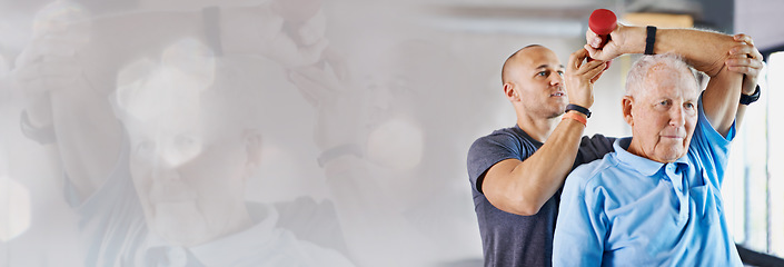 Image showing Fitness banner, dumbbell or physiotherapist with senior man in arm exercise or body recovery workout. Coach, double exposure mockup space or mature client stretching or training in physical therapy