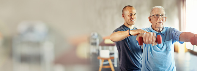 Image showing Fitness banner, weights or physiotherapist with senior man for arm exercise or body workout in recovery. Physical therapy, rehabilitation mockup space or mature client training with dumbbell or coach