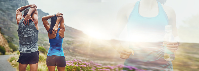 Image showing Couple, back and stretching in nature on banner for workout, exercise or outdoor training together on mockup. Rear view of man and woman in body warm up, stretch or fitness for sports motivation