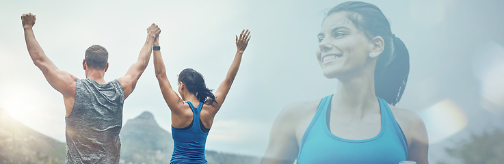 Image showing Couple, fitness and winning for hiking, achievement or winning on banner for workout, motivation or outdoor exercise. Rear view of man and woman in celebration for healthy wellness or goals on mockup