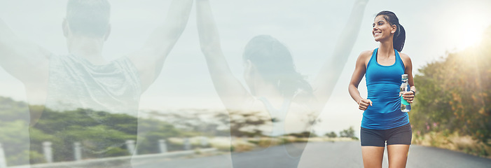 Image showing Fitness, banner or happy woman running on road for exercise, training or workout together. Girl runner, mockup space or healthy athlete with sports endurance or performance in double exposure