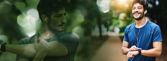 Image showing Fitness, banner or happy man with smart watch in nature to monitor workout, exercise or training performance. Mockup space, music or sports runner checking heart rate, health or progress on timer