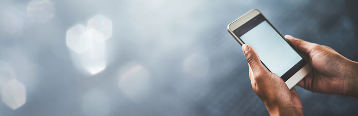 Image showing Person, hands and phone screen on mockup for social media, communication or networking on banner. Closeup of user with mobile smartphone app, display or advertising technology on bokeh background