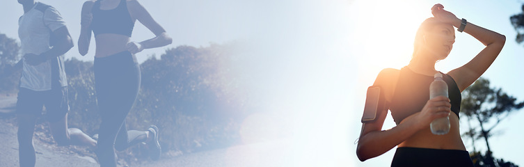 Image showing Fitness, water and a tired woman on banner space for cardio as a marathon runner on a break from her workout. Exercise, running and sweat with a young sports person on mockup for training in nature