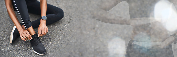 Image showing Woman, fitness and tie shoes on banner for running, workout or outdoor exercise on asphalt. Closeup of female person tying shoe for training, sports motivation or getting ready for run on mockup