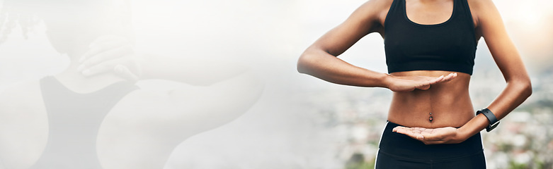 Image showing Woman, fitness and hands on stomach banner for health, workout or exercise for healthy body or mockup. Closeup of female person or athlete showing abdomen for reiki, gut wellness or training