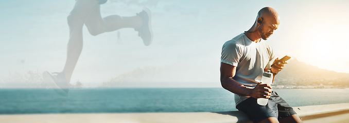 Image showing Break, fitness and banner of a man with a phone for communication, running app or exercise at the beach. Contact, water and a male runner or athlete reading training progress on a mobile with mockup