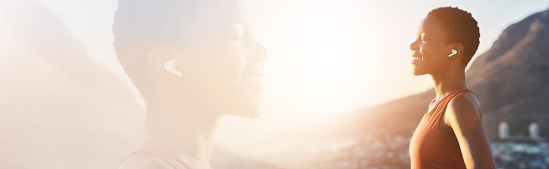 Image showing Black woman, fitness mockup with hiking outdoor, earphones and breathing fresh air with double exposure. Nature, exercise and peace with banner, workout overlay and freedom with view and music