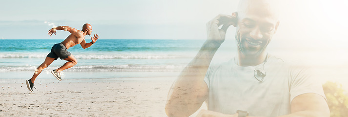 Image showing Man, running on beach and mockup with train for race, cardio and double exposure, time heart beat and speed overlay. Challenge, runner and exercise with fitness banner, marathon and athlete outdoor