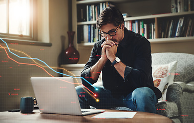 Image showing Man, laptop and trading in remote work, stock market or financial crisis from bad investment on sofa at home. Male person or trader thinking, checking profit or loss on buying and selling stocks