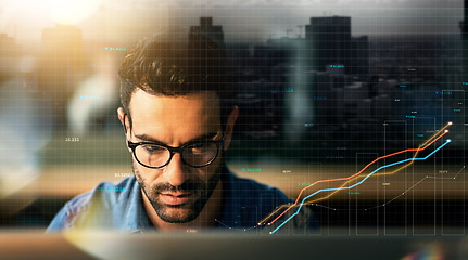 Image showing Man, computer and stock market double exposure in trading, data analytics and night sales, profit or increase. Trader or investor reading statistics, lines or graphs in online investment with overlay