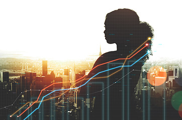 Image showing City overlay, graphs and silhouette of person looking at stock market metrics, trading insight or crypto exchange. Financial analytics, urban buildings and trader view investment chart, stats or data