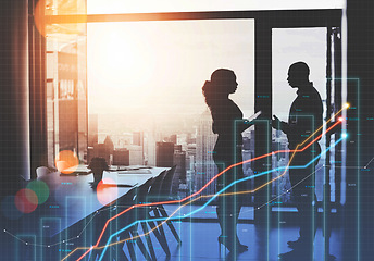 Image showing Business people, meeting and charts in double exposure for data analytics advice, investment negotiation or planning. Analyst, investor or financial team for silhouette and stats overlay on growth