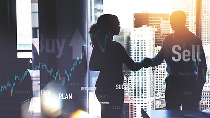 Image showing Business people, handshake and data in double exposure for broker advice, investment and partnership or meeting. Investor, trader or clients shaking hands in silhouette for assets and finance success