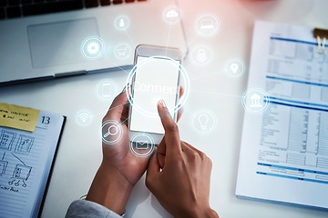 Image showing Hologram, phone and hands of person with icon for social media, website or mobile app mockup. Business, documents and smartphone screen with overlay for communication, network and research in office