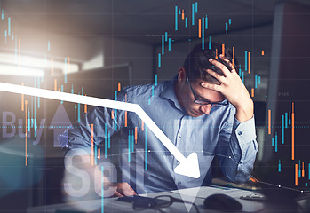 Image showing Man, stress and headache for double exposure on trading, computer data analytics and stock market crash. Frustrated trader, seller or investor with depression, sad or overlay for assets loss at night