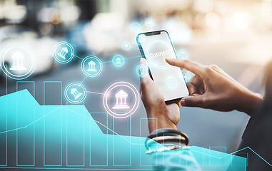 Image showing Hologram, phone and hands of person with fintech graph for online banking, website or mobile app mockup. Ecommerce, finance and smartphone screen for statistics, networking and research in city