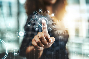 Image showing Gear icon, media hologram and woman hand touch for digital setting for help and information technology for business. Website, dashboard and application with futuristic research and data for work