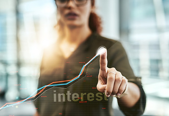 Image showing Hologram, graph and finger of person for finance analysis, website and fintech mockup. Business, data and digital technology with overlay for stock market interest, networking and research in office