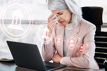 Image showing Banking, woman or headache and laptop with overlay for crisis, recession or stock market fail in office. Cryptocurrency, person and hologram with bad investment, software glitch or trading with icon