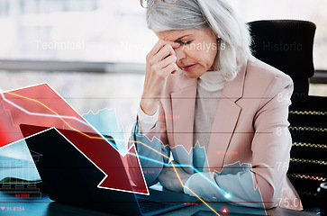 Image showing Graphic, sad and a business woman with a laptop with economy, finance or company fail. Mature, tired and a corporate manager or ceo with migraine pain or depression about online trading stress